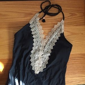 Black one piece swimsuit with lace detail